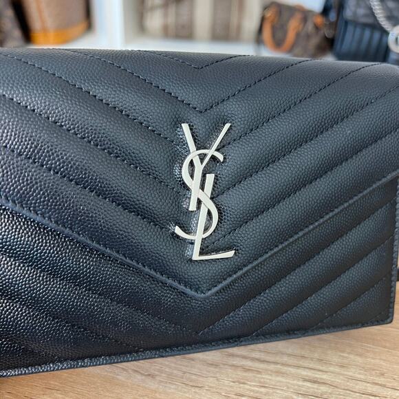 Saint Laurent YSL Grain De Poudre Matelasse Chevron Envelope Chain Wallet Black - Picture 10 of 13